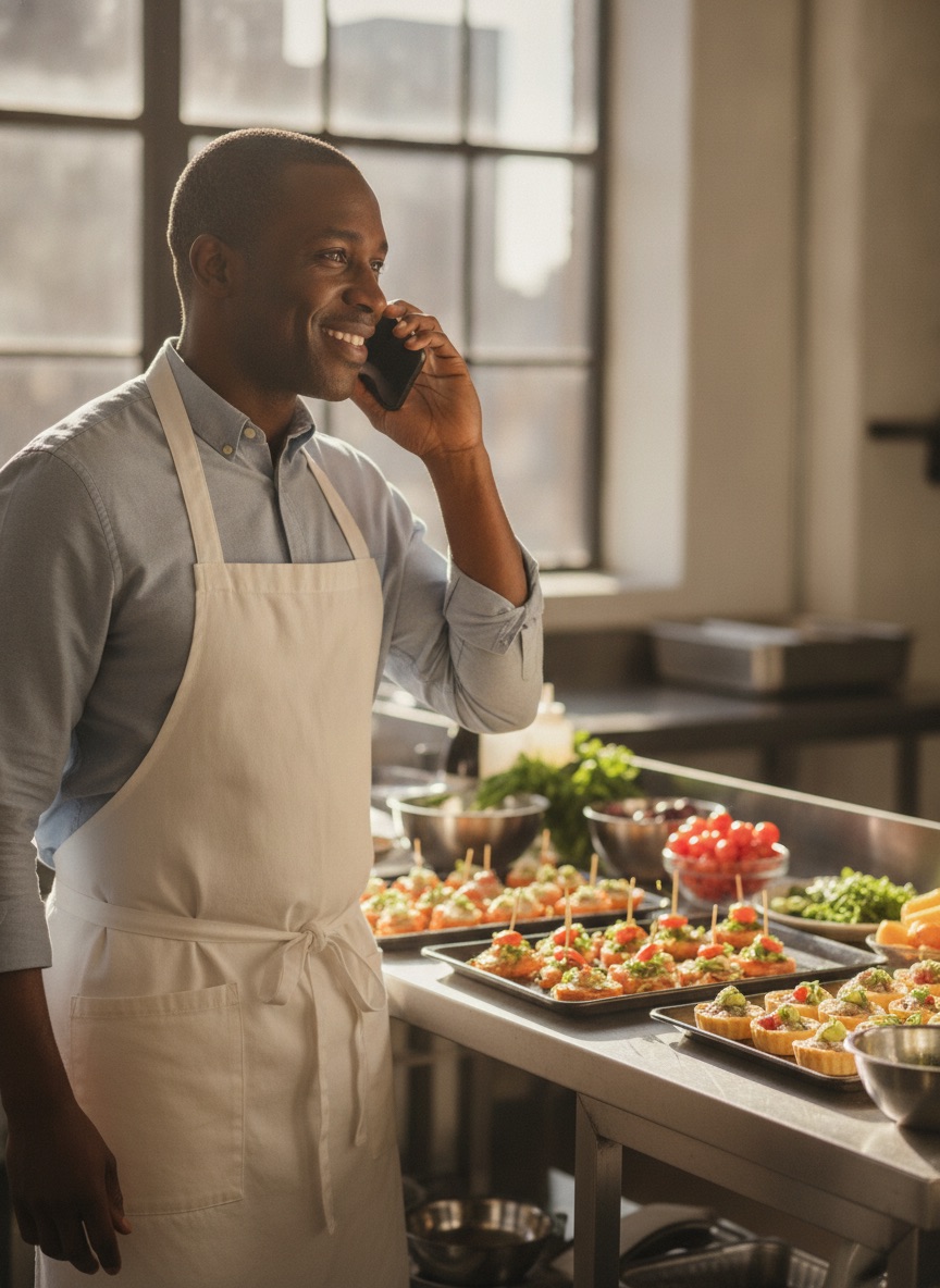 Caterer taking a call