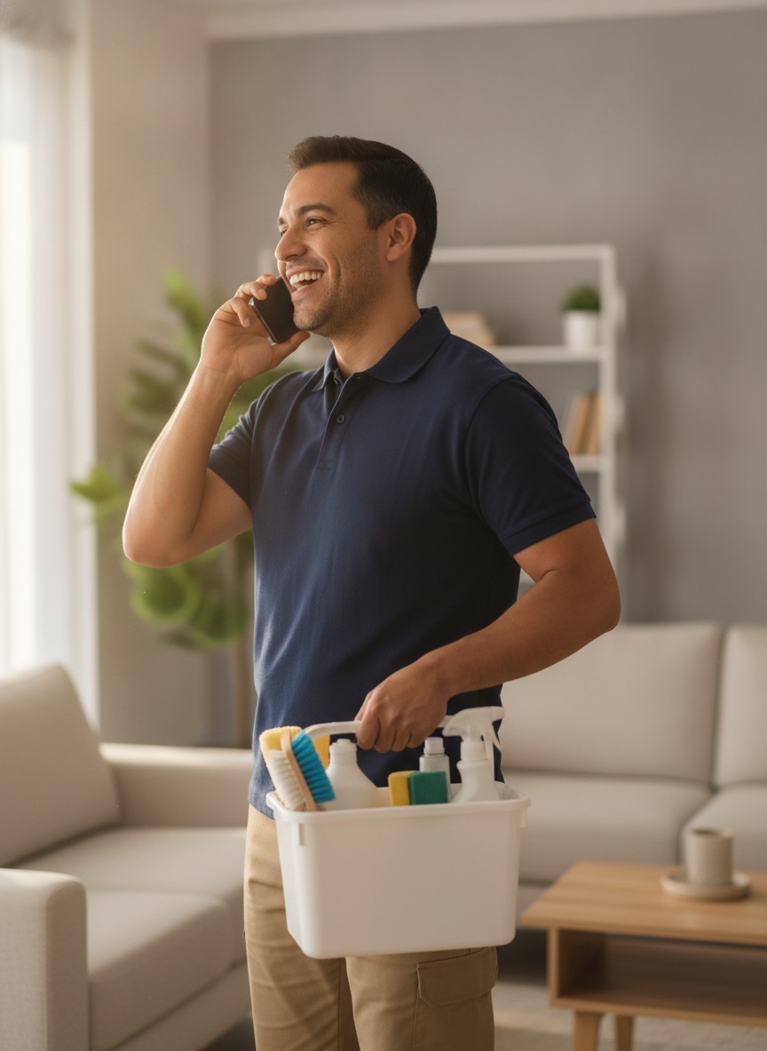 Cleaning service professional taking a call