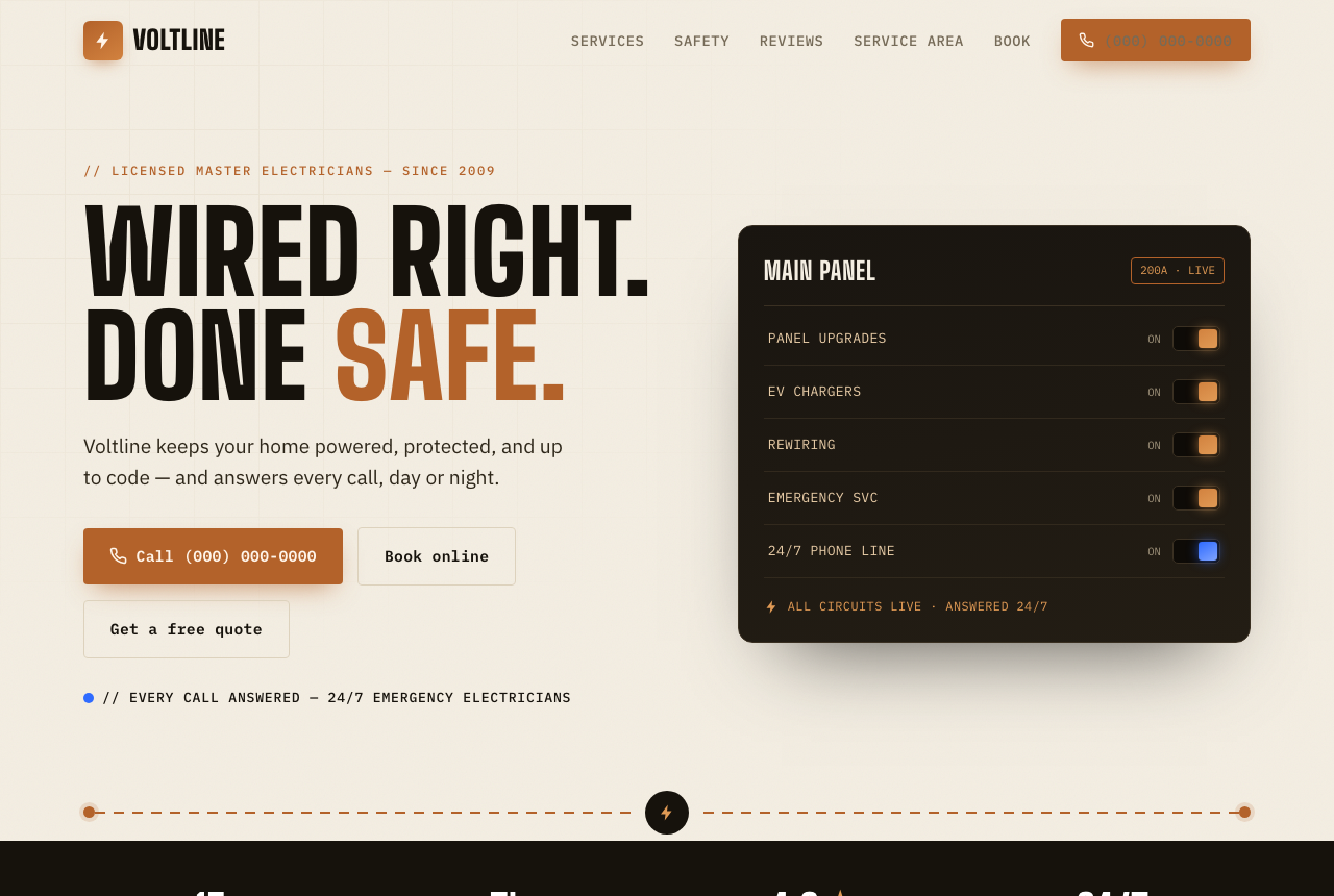 Front page of the Voltline Electric sample website